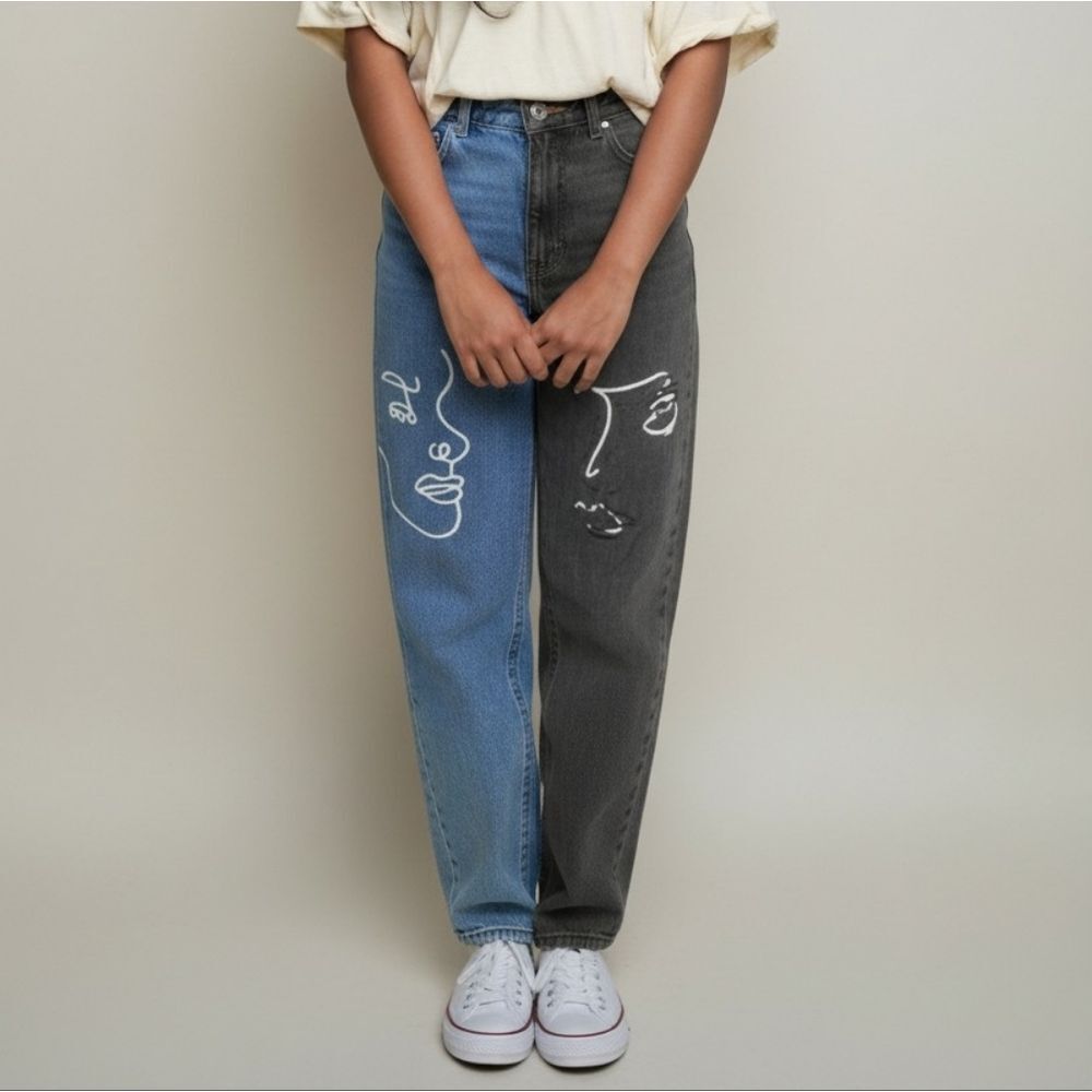 11-12Y Unique Two-Tone Denim Jeans with Face Prints